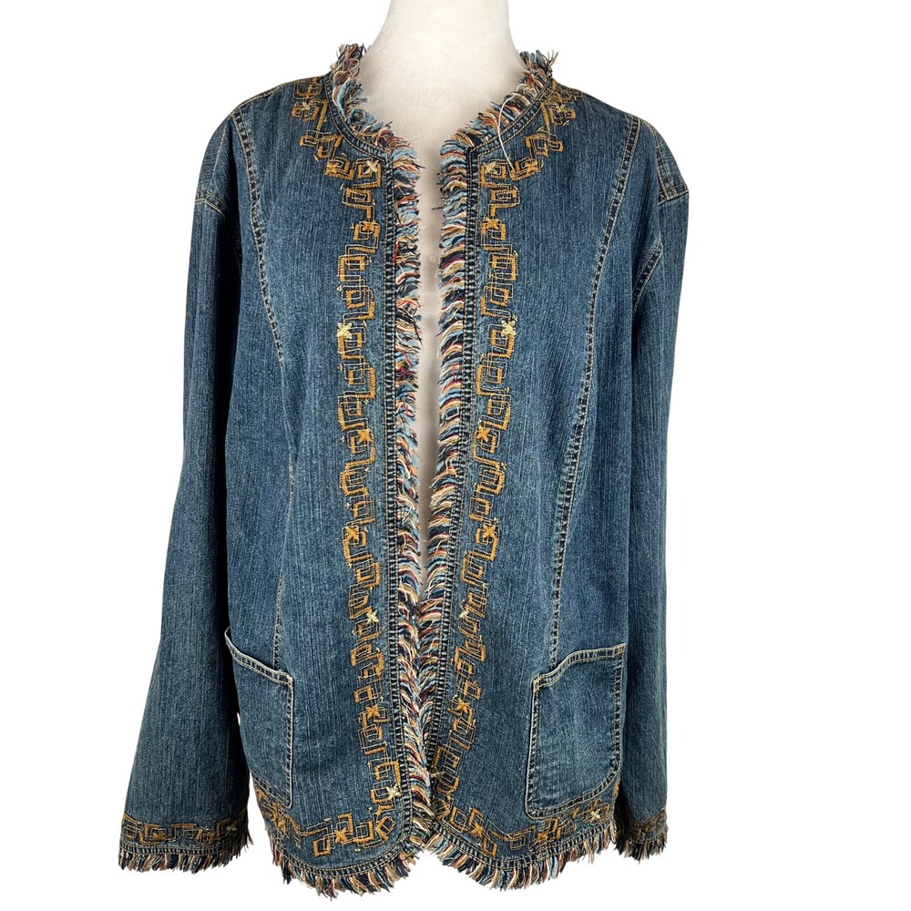 Vintage Denim Western Fringe Jacket Woman 22W Vintage Embroidered Rodeo Fringe